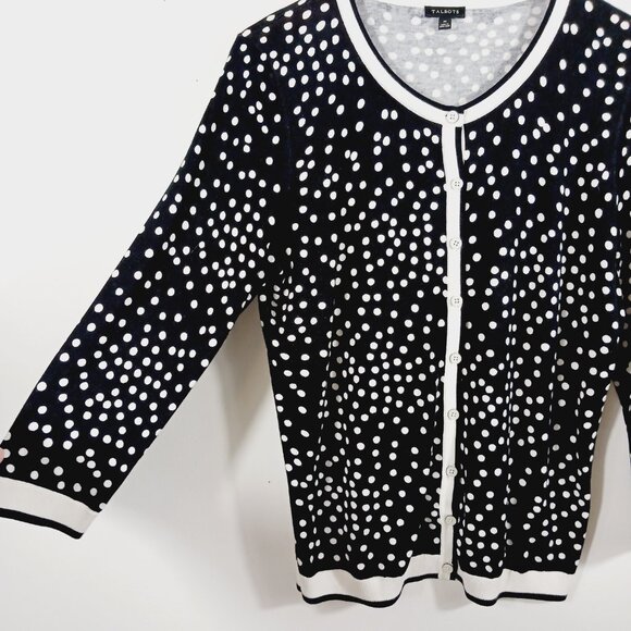 Talbots Medium Cardigan Sweater, Black/White Polka Dot, 3/4 Sleeve, Light Weight - Picture 5 of 16
